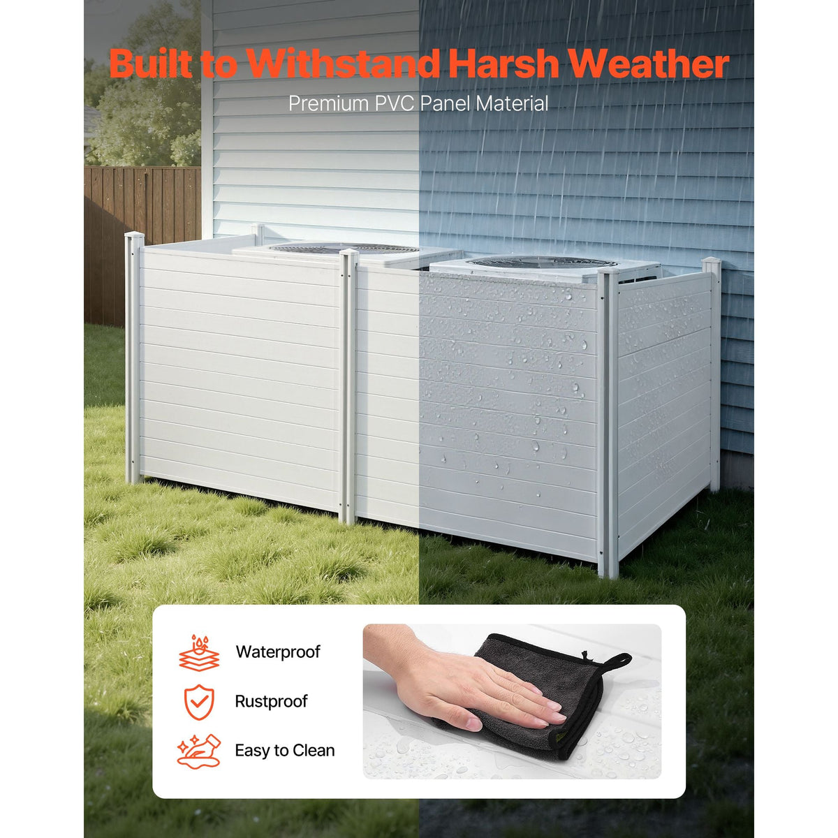 4 Panels Outdoor Privacy Screen, 50 x 50 in Air Conditioner Fence with 27.6 in Ground Stakes, Pool Equipment Enclosure, Horizontal Vinyl Privacy Fence, Ideal for Trash Can and A/C Units, White