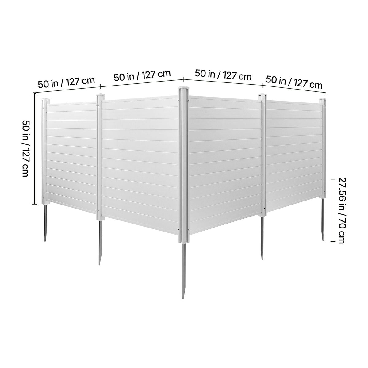 4 Panels Outdoor Privacy Screen, 50 x 50 in Air Conditioner Fence with 27.6 in Ground Stakes, Pool Equipment Enclosure, Horizontal Vinyl Privacy Fence, Ideal for Trash Can and A/C Units, White