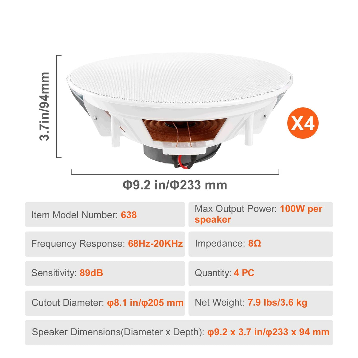 4 PCs 8 Inch in Ceiling Speakers, 100-Watts, Flush Mount Ceiling & in-Wall Speakers System with 8ΩImpedance 89dB Sensitivity, for Home Kitchen Living Room Bedroom or Covered Outdoor Porches
