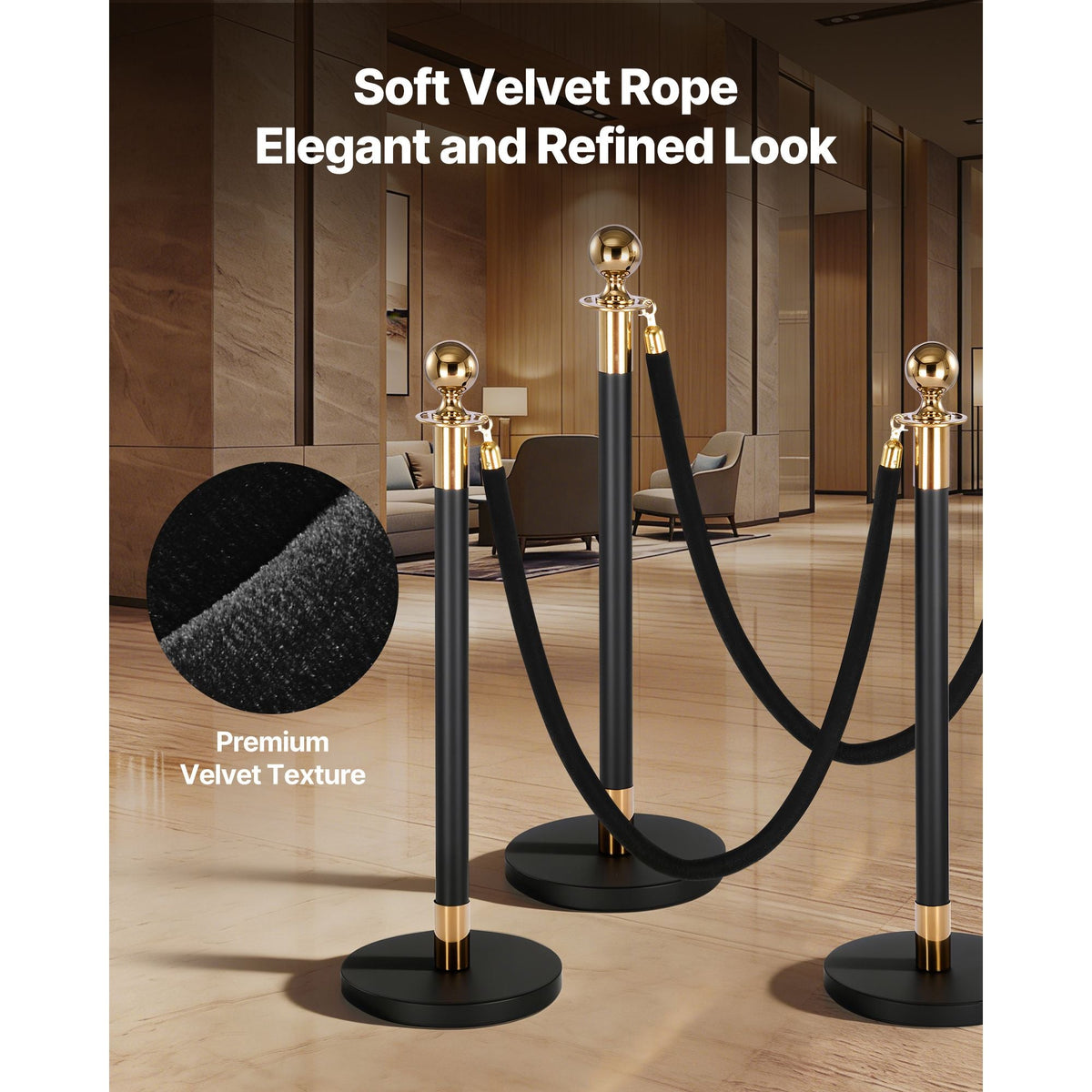 4 Pcs Black Velvet Stanchion Ropes, 5 ft Crowd Control Stanchion Black Velvet Ropes with Gold Hooks, Post Queue Barrier Carpet Rope for Carpet Events Movie Theaters Grand Openings Hotels Party
