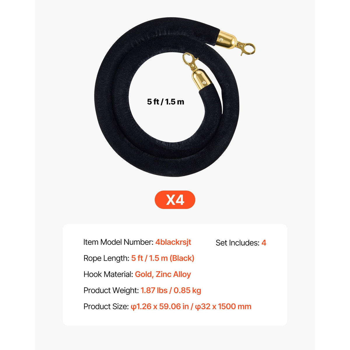 4 Pcs Black Velvet Stanchion Ropes, 5 ft Crowd Control Stanchion Black Velvet Ropes with Gold Hooks, Post Queue Barrier Carpet Rope for Carpet Events Movie Theaters Grand Openings Hotels Party