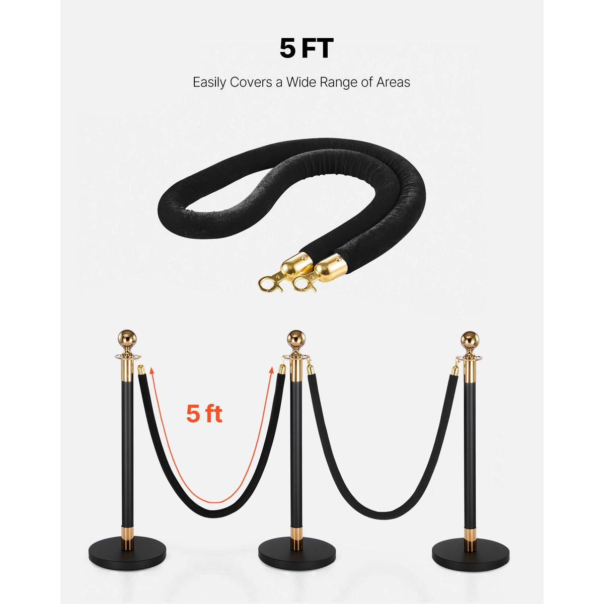 4 Pcs Black Velvet Stanchion Ropes, 5 ft Crowd Control Stanchion Black Velvet Ropes with Gold Hooks, Post Queue Barrier Carpet Rope for Carpet Events Movie Theaters Grand Openings Hotels Party