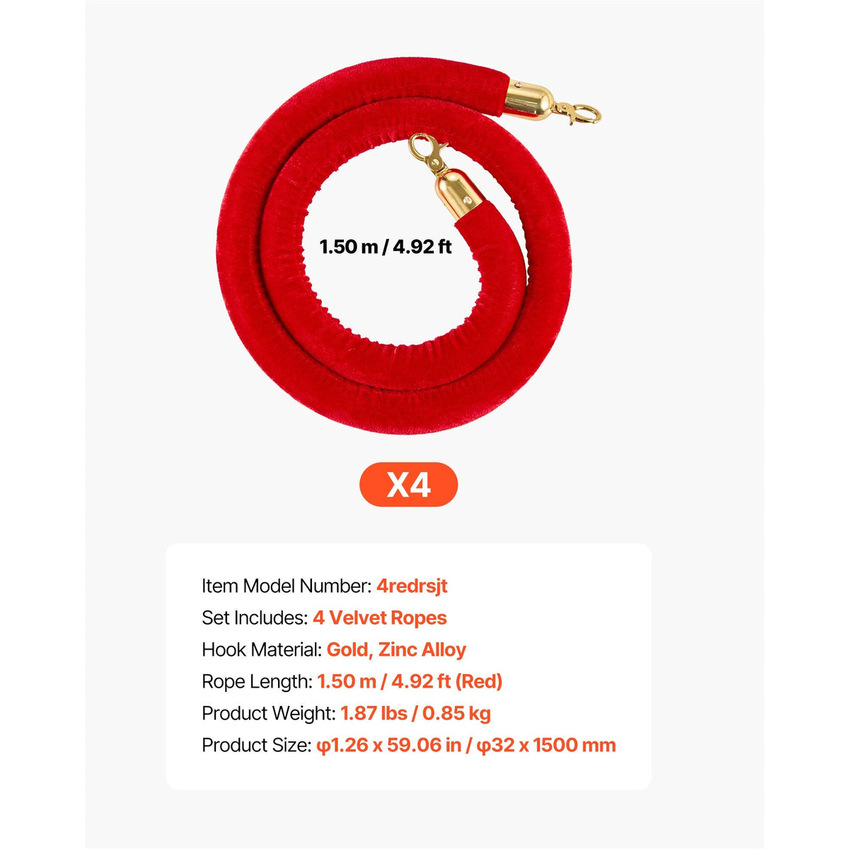 4 Pcs Red Velvet Stanchion Ropes, 5 ft Crowd Control Stanchion Red Velvet Ropes with Gold Hooks, Post Queue Barrier Carpet Rope for Carpet Events Movie Theaters Grand Openings Hotels Party