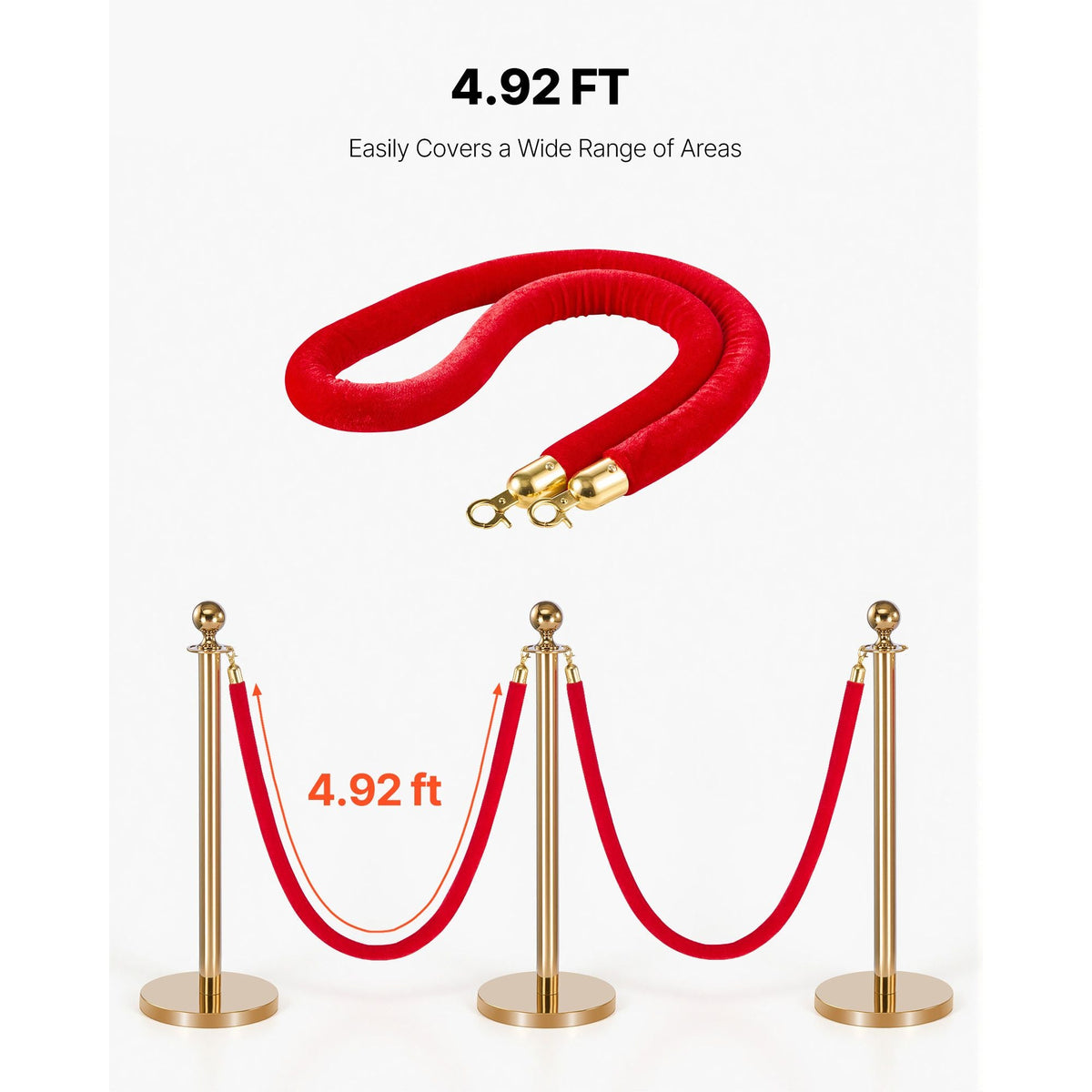 4 Pcs Red Velvet Stanchion Ropes, 5 ft Crowd Control Stanchion Red Velvet Ropes with Gold Hooks, Post Queue Barrier Carpet Rope for Carpet Events Movie Theaters Grand Openings Hotels Party