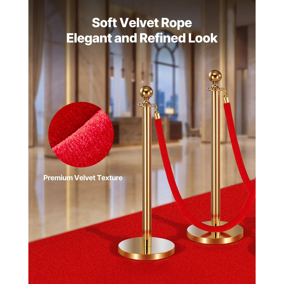 4 Pcs Red Velvet Stanchion Ropes, 5 ft Crowd Control Stanchion Red Velvet Ropes with Gold Hooks, Post Queue Barrier Carpet Rope for Carpet Events Movie Theaters Grand Openings Hotels Party