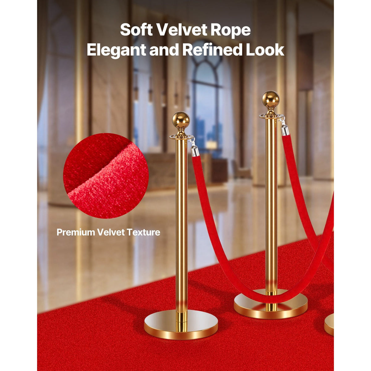 4 Pcs Red Velvet Stanchion Ropes, 5 ft Crowd Control Stanchion Red Velvet Ropes with Silver Hooks, Post Queue Barrier Carpet Rope for Carpet Events Movie Theaters Grand Openings Hotels Party
