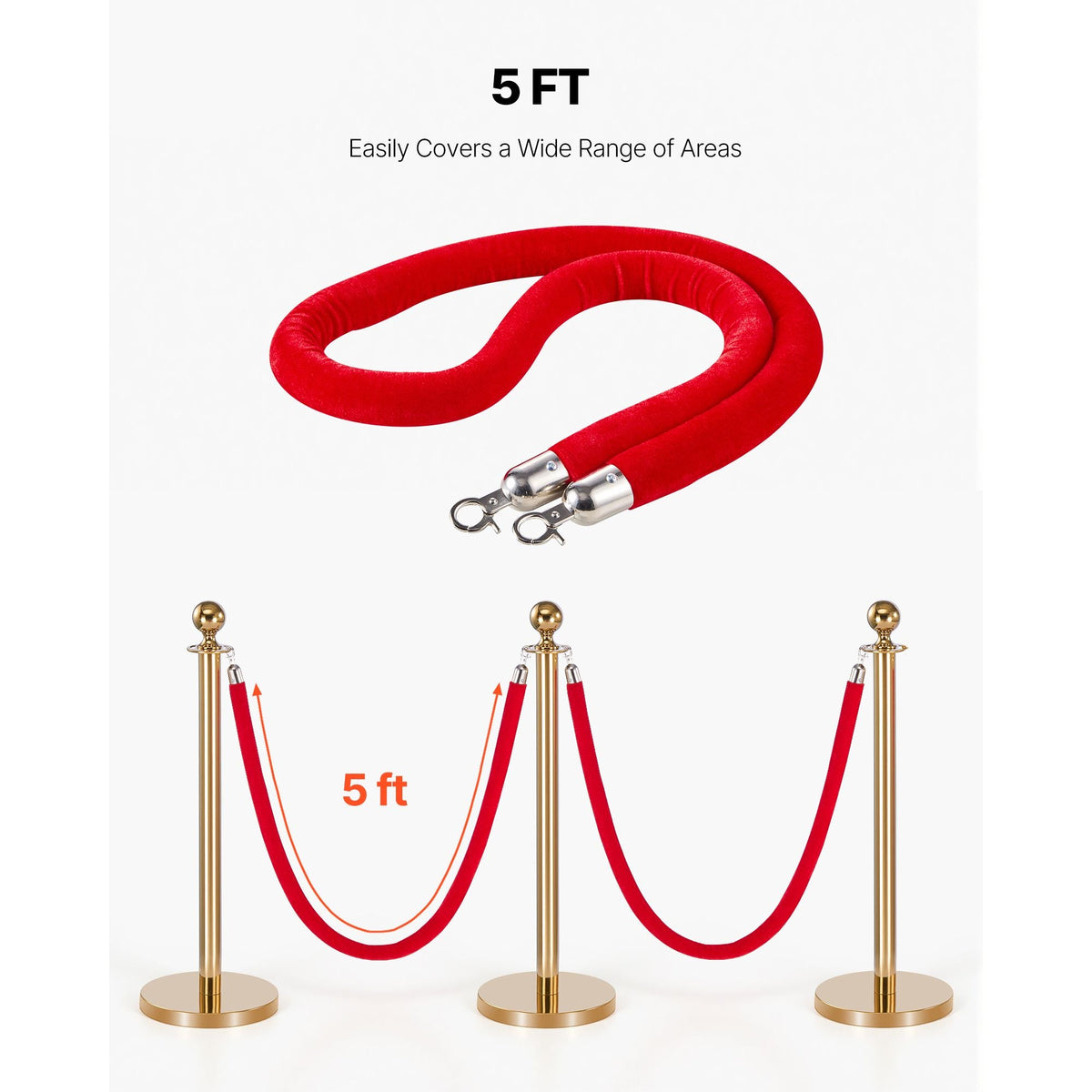 4 Pcs Red Velvet Stanchion Ropes, 5 ft Crowd Control Stanchion Red Velvet Ropes with Silver Hooks, Post Queue Barrier Carpet Rope for Carpet Events Movie Theaters Grand Openings Hotels Party
