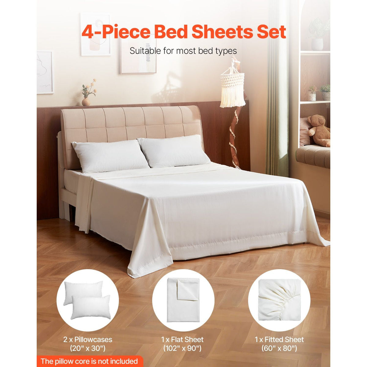 4-Piece Bed Sheet Set - Queen Size, 100% Brushed Microfiber Bedding Set with 2 Pillowcases, 1 Flat Sheet & 1 Fitted Sheet, Breathable & Wrinkle-Resistant Luxury Bed Sheets with 16" Deep Pocket