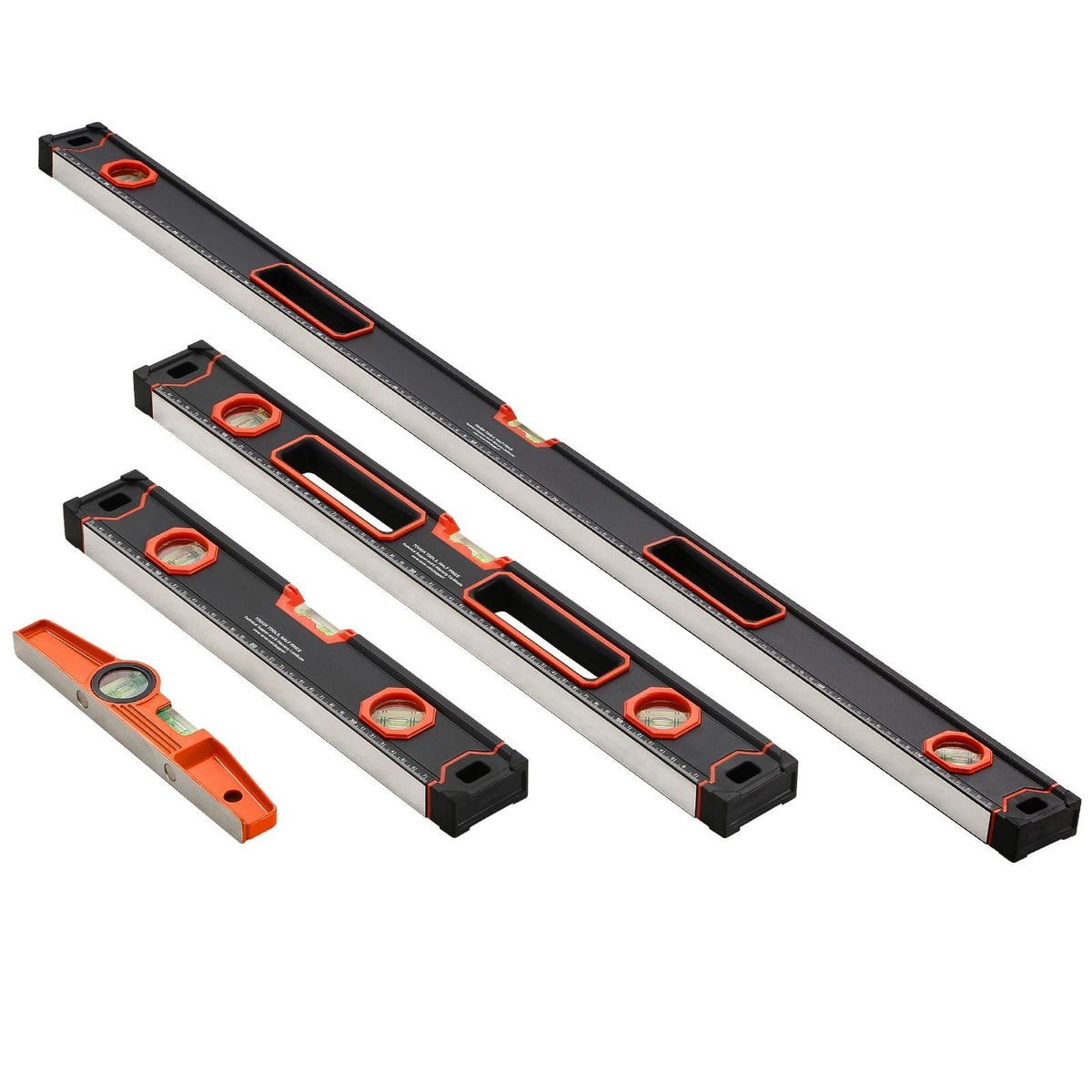 4-Piece Torpedo Level, 48/24/16/10 Inch All Magnetic Levels Set, Fluorescent Light Up Bubble Vials Ruler for 45/90/180 Degree, Aluminum Alloy Magnetic Box Leveler Tool, SAE and Metric Scale