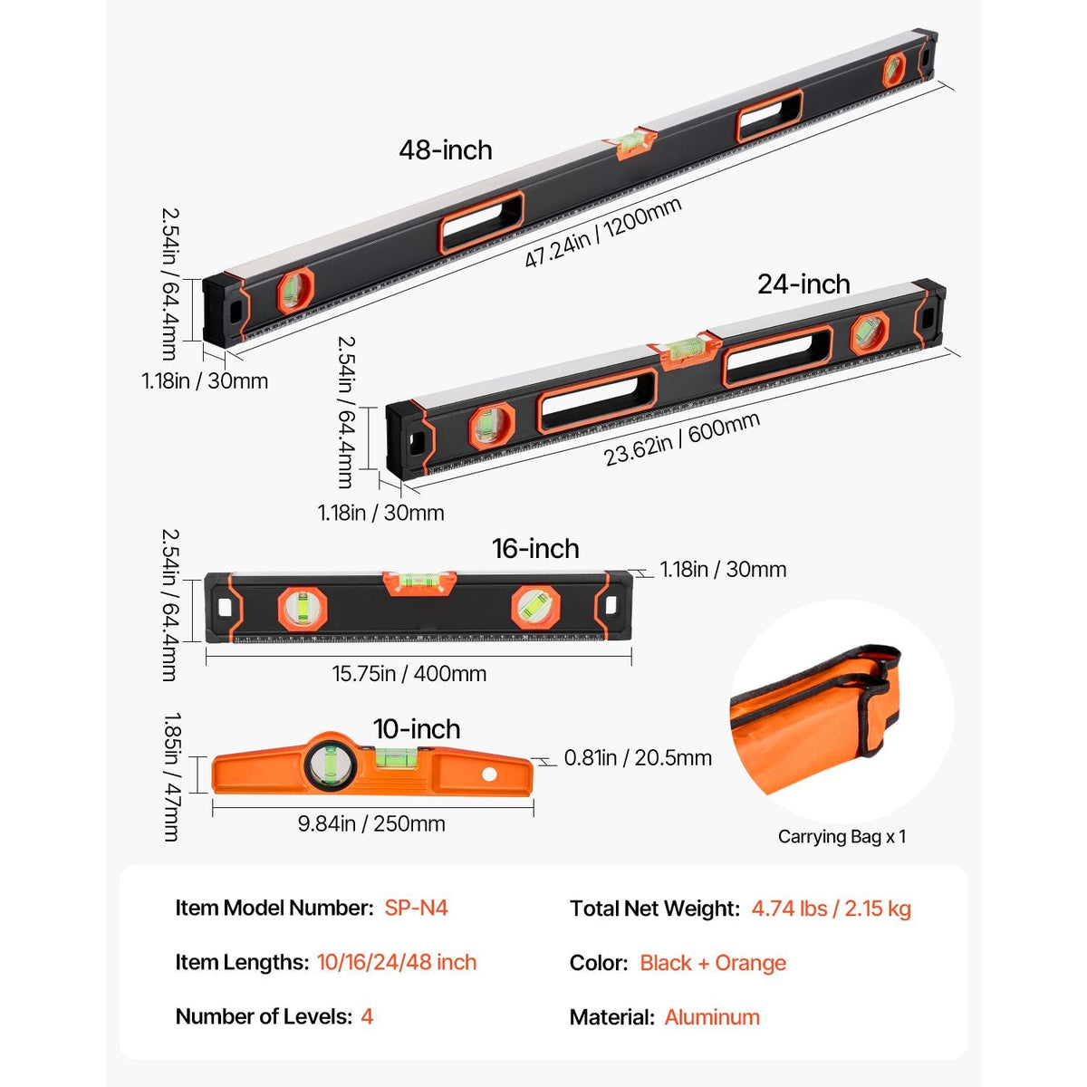 4-Piece Torpedo Level, 48/24/16/10 Inch Box Levels Set, Fluorescent Light Up Bubble Vials Ruler for 45/90/180 Degree, Aluminum Alloy Magnetic Leveler Tool, Shock-Proof(Only 10-inch has magnetic)