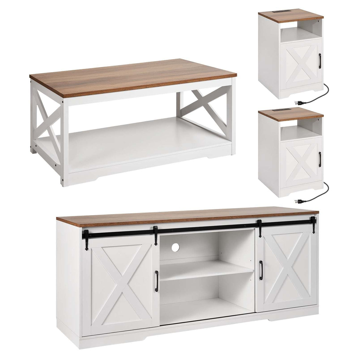 4 Pieces Farmhouse Coffee Table Sets, 40 in Coffee Table with 2 End Tables and 66 in TV Stand, Easy Assembly Living Room Tables Sets with Charging Station, for Office, Living Room & Apartment