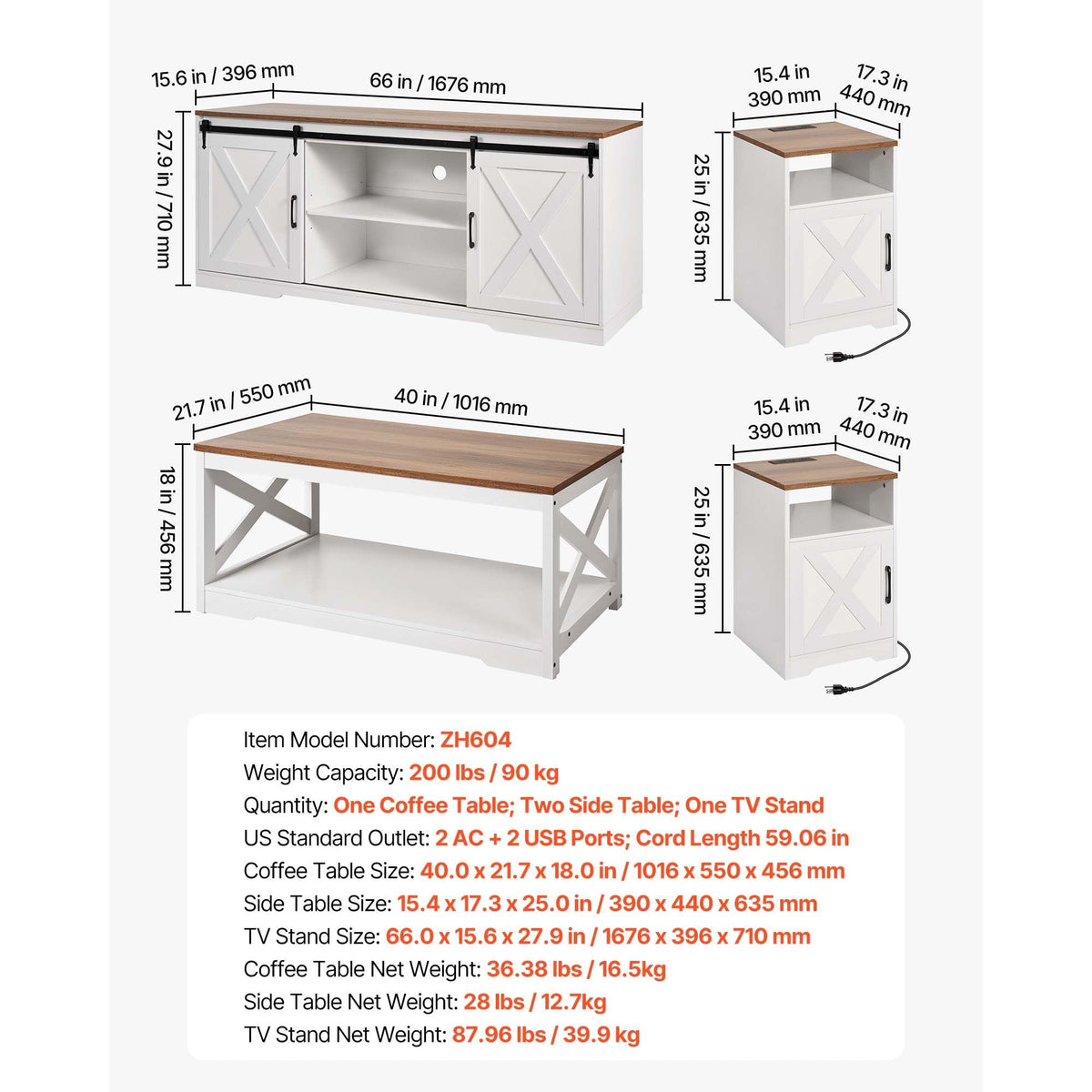 4 Pieces Farmhouse Coffee Table Sets, 40 in Coffee Table with 2 End Tables and 66 in TV Stand, Easy Assembly Living Room Tables Sets with Charging Station, for Office, Living Room & Apartment