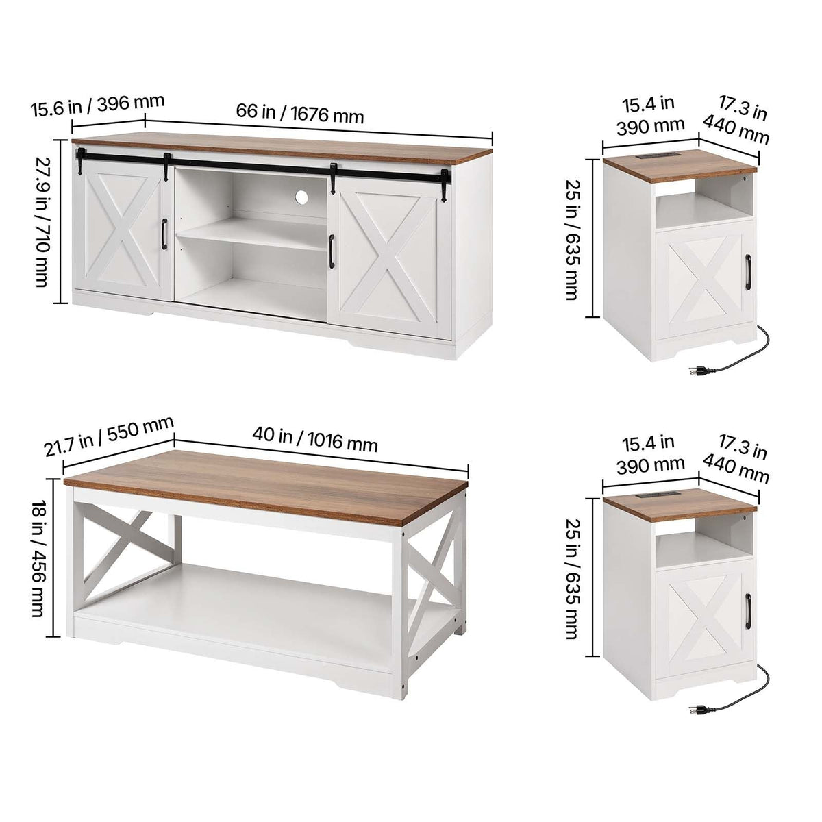 4 Pieces Farmhouse Coffee Table Sets, 40 in Coffee Table with 2 End Tables and 66 in TV Stand, Easy Assembly Living Room Tables Sets with Charging Station, for Office, Living Room & Apartment