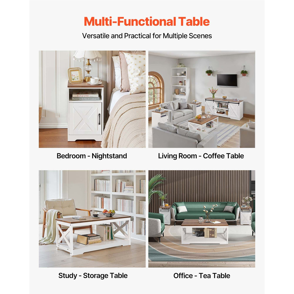 4 Pieces Farmhouse Coffee Table Sets, 40 in Coffee Table with 2 End Tables and 66 in TV Stand, Easy Assembly Living Room Tables Sets with Charging Station, for Office, Living Room & Apartment