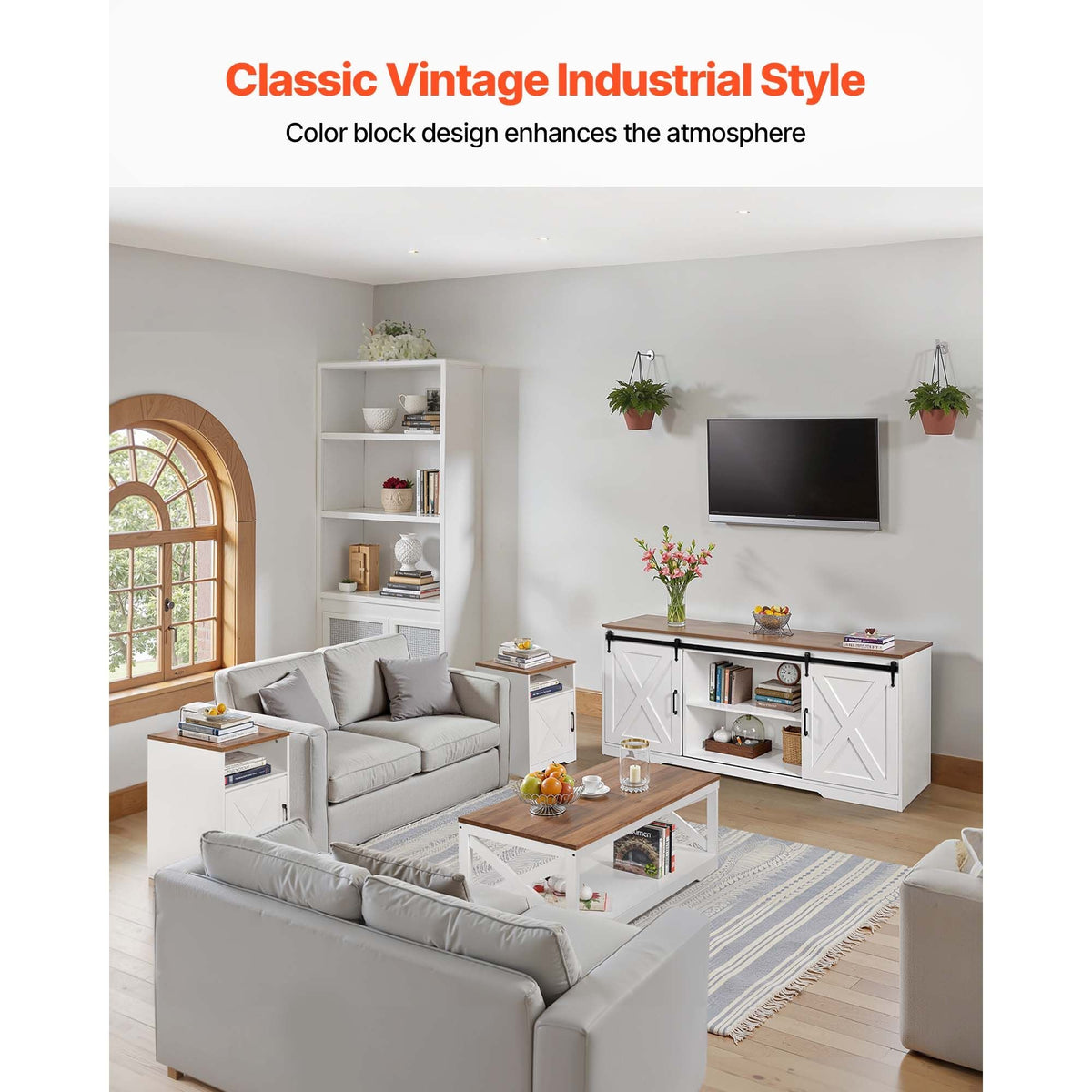 4 Pieces Farmhouse Coffee Table Sets, 40 in Coffee Table with 2 End Tables and 66 in TV Stand, Easy Assembly Living Room Tables Sets with Charging Station, for Office, Living Room & Apartment