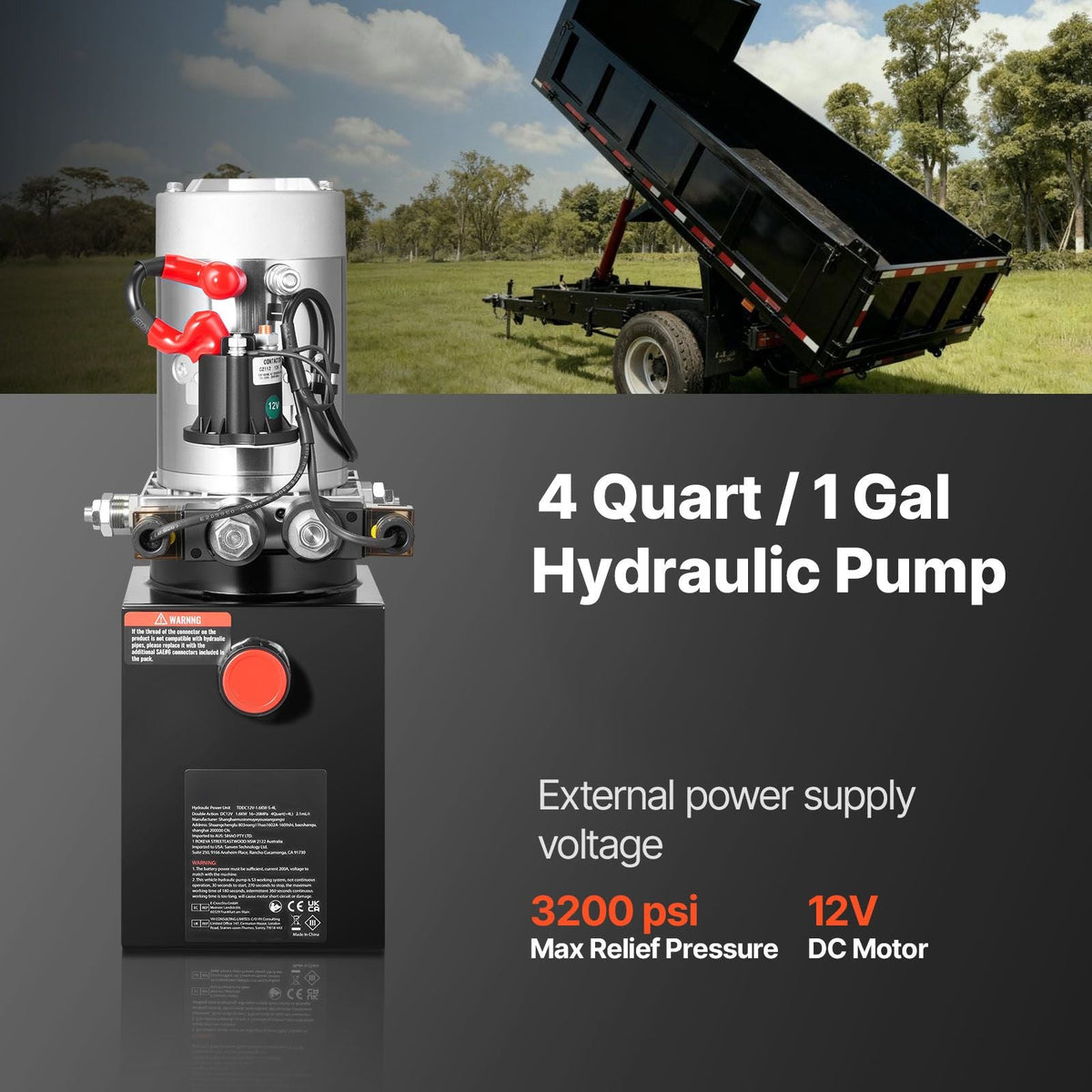 4 Quart Hydraulic Power Unit, Double Acting Dump Trailer Pump, 3200 PSI Max Relief Pressure & 0.91 GPM Flow Rate, DC 12V Hydraulic Pump with Metal Reservoir for Dump Trailer Car Lifting, Black