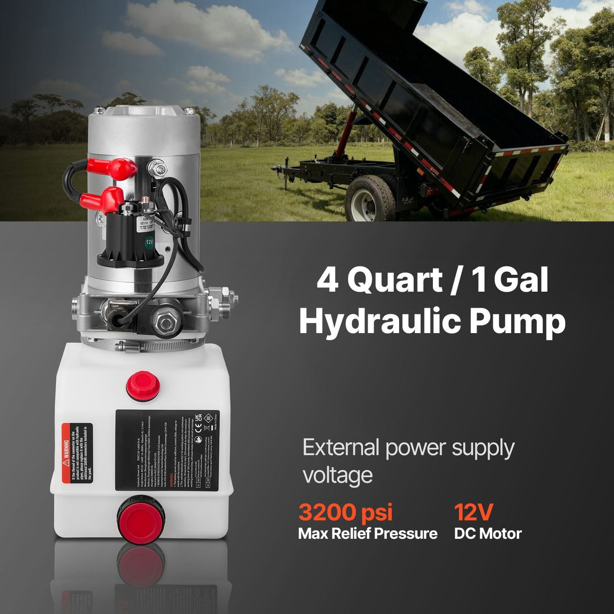4 Quart Hydraulic Power Unit, Single Acting Dump Trailer Pump, 3200 PSI Max Relief Pressure & 0.91 GPM Flow Rate, DC 12V Hydraulic Pump with Metal Reservoir for Dump Trailer Car Lifting