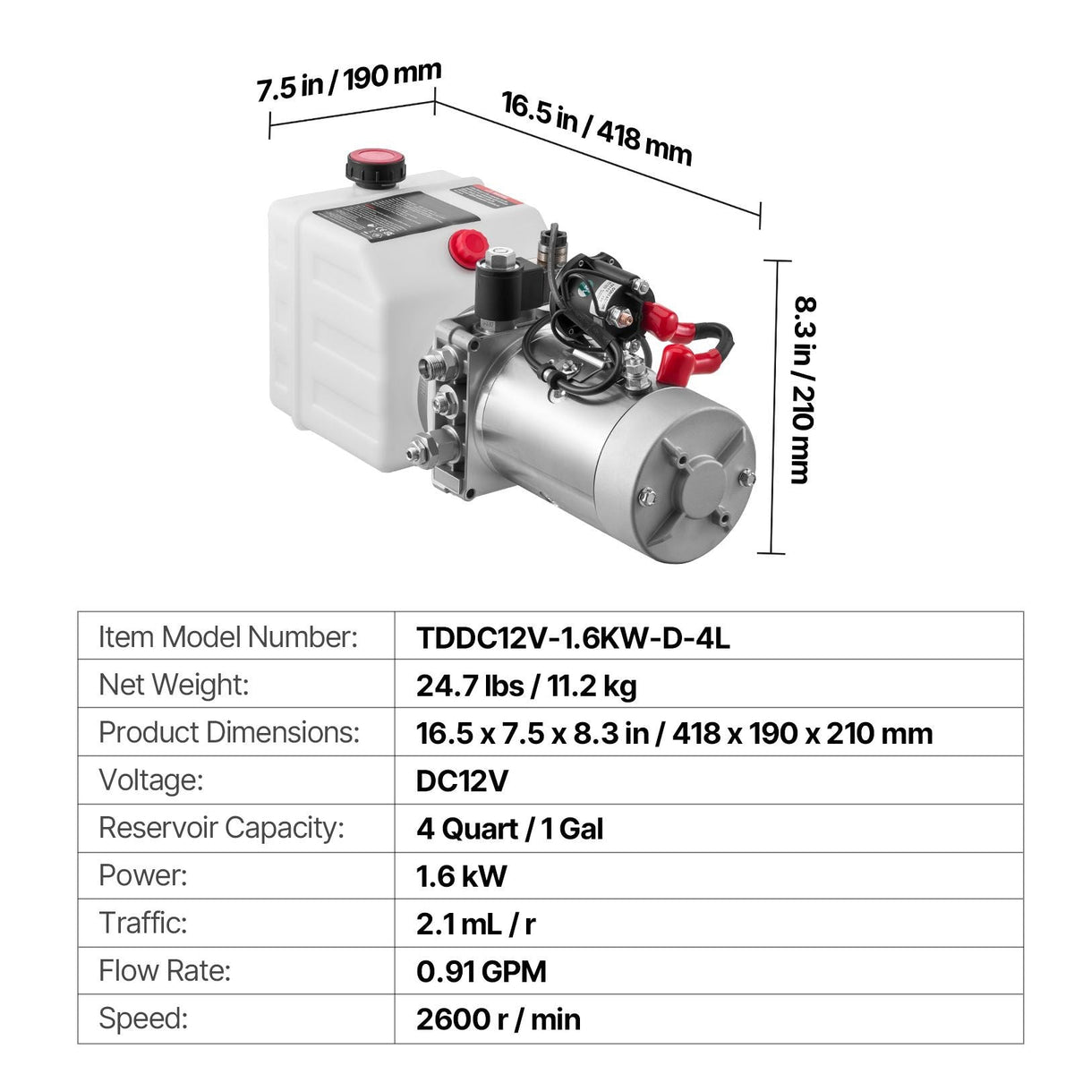 4 Quart Hydraulic Power Unit, Single Acting Dump Trailer Pump, 3200 PSI Max Relief Pressure & 0.91 GPM Flow Rate, DC 12V Hydraulic Pump with Metal Reservoir for Dump Trailer Car Lifting