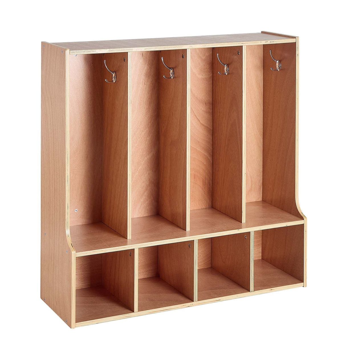 4-Section Kids Coat Locker, Wooden Toddler Cubby Storage Organizer with 8 Hooks & Non-Slip Mat, Modern Kid Coat Cubbies with 4 Small Open Storage Boxes for Home, Kindergarten, Daycare, Natural