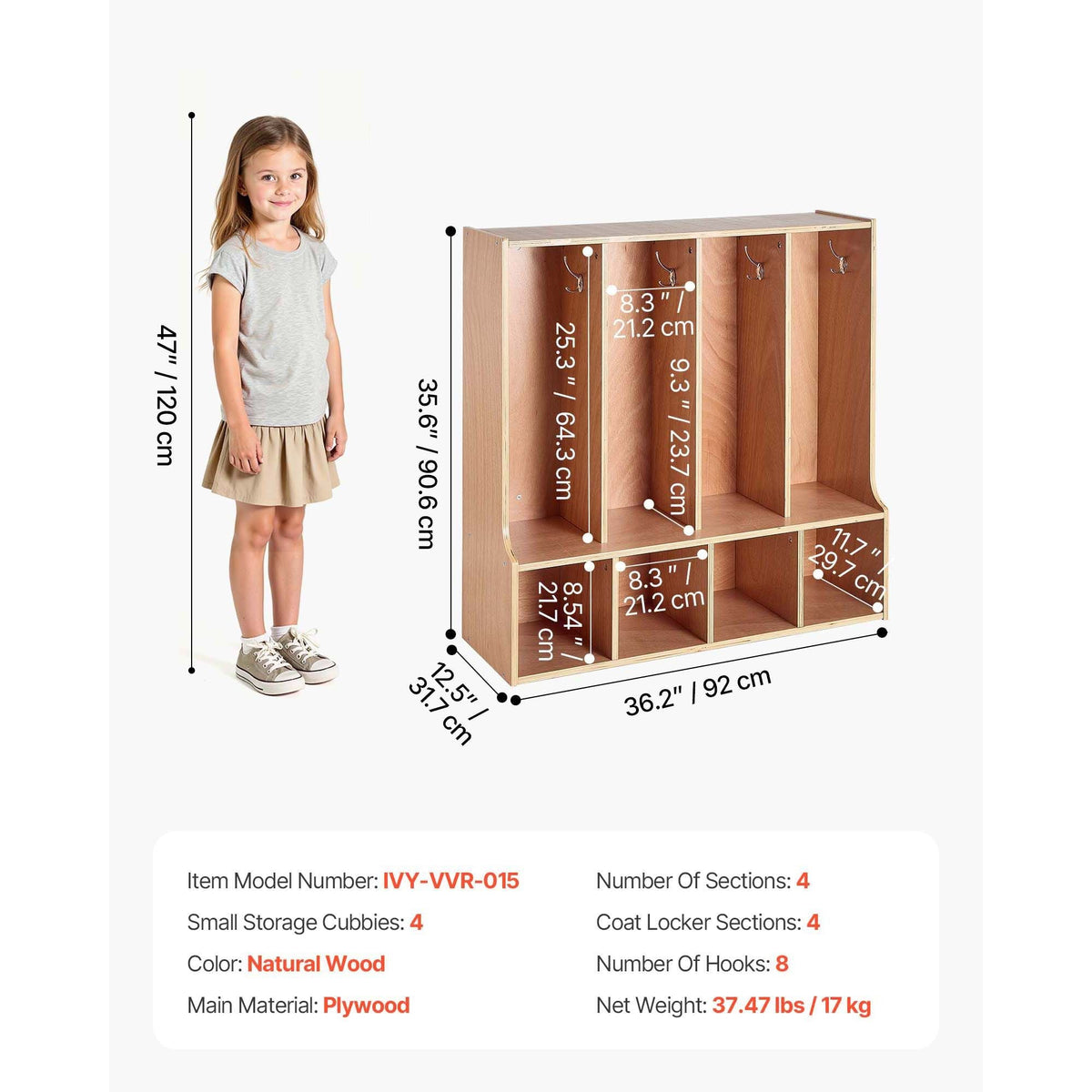 4-Section Kids Coat Locker, Wooden Toddler Cubby Storage Organizer with 8 Hooks & Non-Slip Mat, Modern Kid Coat Cubbies with 4 Small Open Storage Boxes for Home, Kindergarten, Daycare, Natural