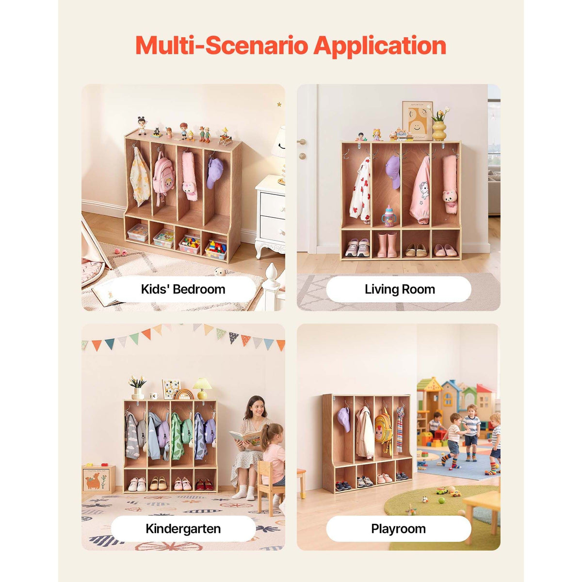 4-Section Kids Coat Locker, Wooden Toddler Cubby Storage Organizer with 8 Hooks & Non-Slip Mat, Modern Kid Coat Cubbies with 4 Small Open Storage Boxes for Home, Kindergarten, Daycare, Natural