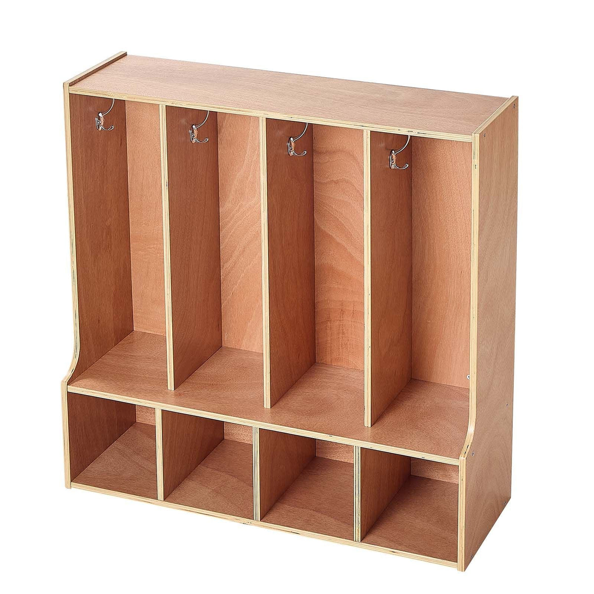 4-Section Kids Coat Locker, Wooden Toddler Cubby Storage Organizer with 8 Hooks & Non-Slip Mat, Modern Kid Coat Cubbies with 4 Small Open Storage Boxes for Home, Kindergarten, Daycare, Natural