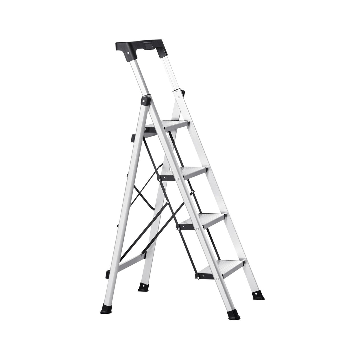 4 Step Ladder, Folding Step Stool with Wide Anti-Slip Pedal and Comfort Handgrip, 330 lbs Capacity Portable Aluminum Stepladder, Multi-Use for Kitchen, Home, Warehouse and Office, Silver