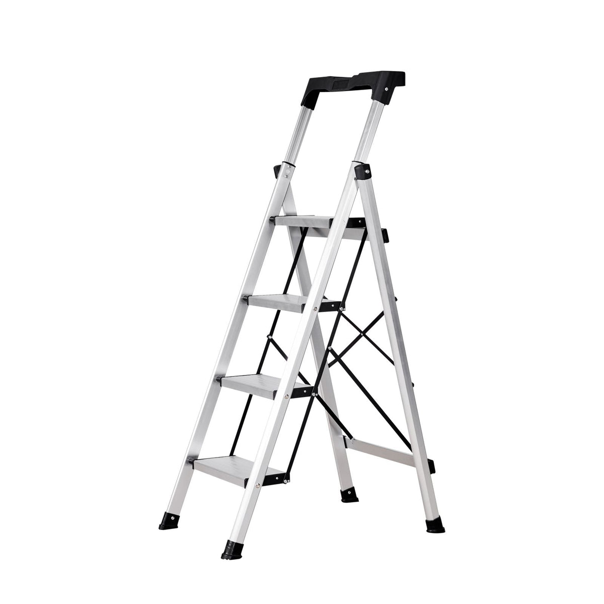 4 Step Ladder, Folding Step Stool with Wide Anti-Slip Pedal and Comfort Handgrip, 330 lbs Capacity Portable Aluminum Stepladder, Multi-Use for Kitchen, Home, Warehouse and Office, Silver
