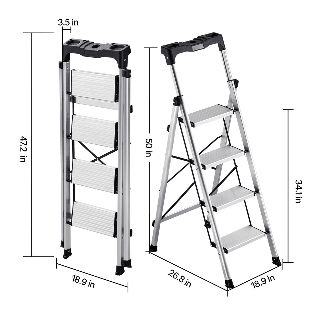 4 Step Ladder, Folding Step Stool with Wide Anti-Slip Pedal and Comfort Handgrip, 330 lbs Capacity Portable Aluminum Stepladder, Multi-Use for Kitchen, Home, Warehouse and Office, Silver