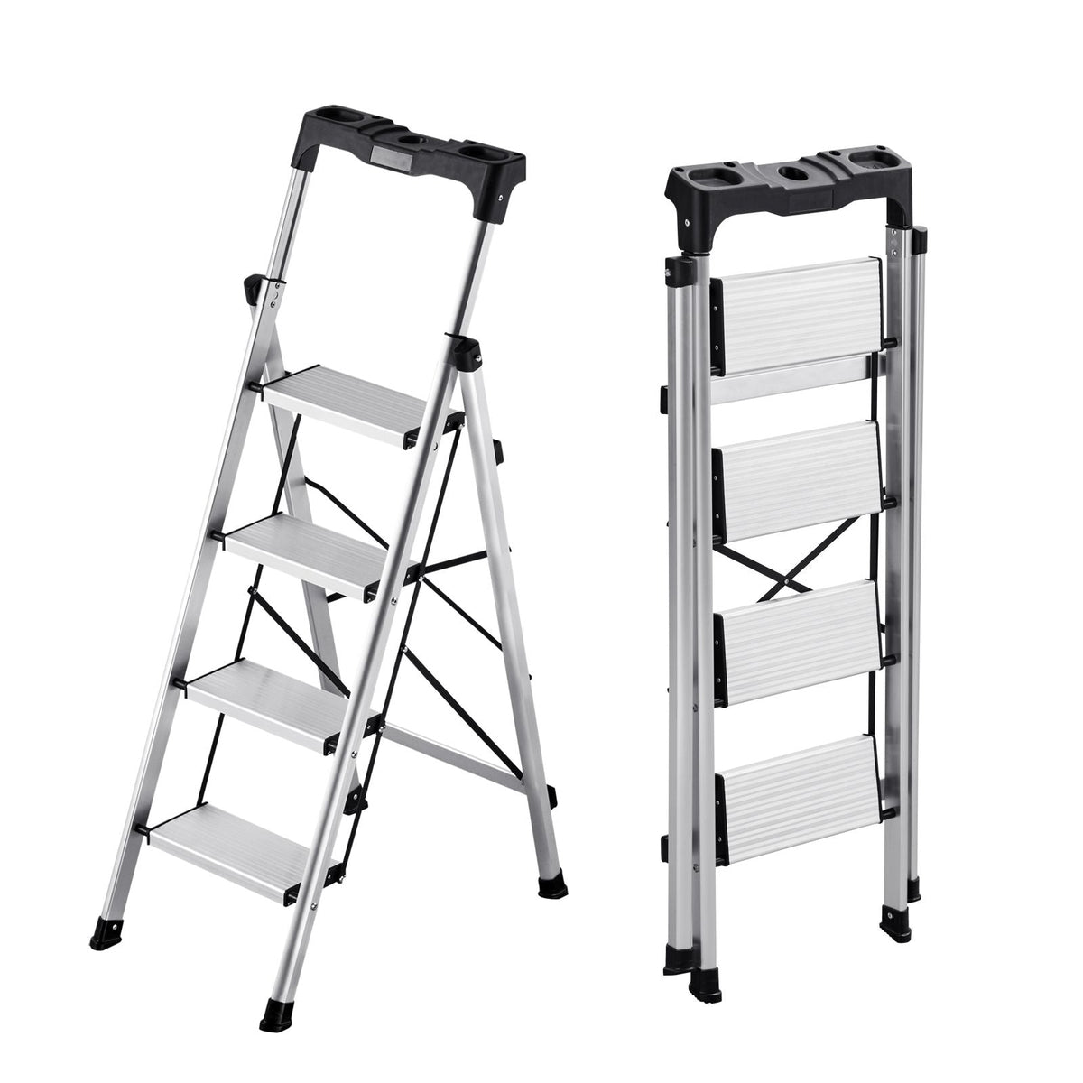 4 Step Ladder, Folding Step Stool with Wide Anti-Slip Pedal and Comfort Handgrip, 330 lbs Capacity Portable Aluminum Stepladder, Multi-Use for Kitchen, Home, Warehouse and Office, Silver