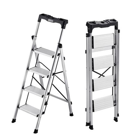 4 Step Ladder, Folding Step Stool with Wide Anti-Slip Pedal and Comfort Handgrip, 330 lbs Capacity Portable Aluminum Stepladder, Multi-Use for Kitchen, Home, Warehouse and Office, Silver