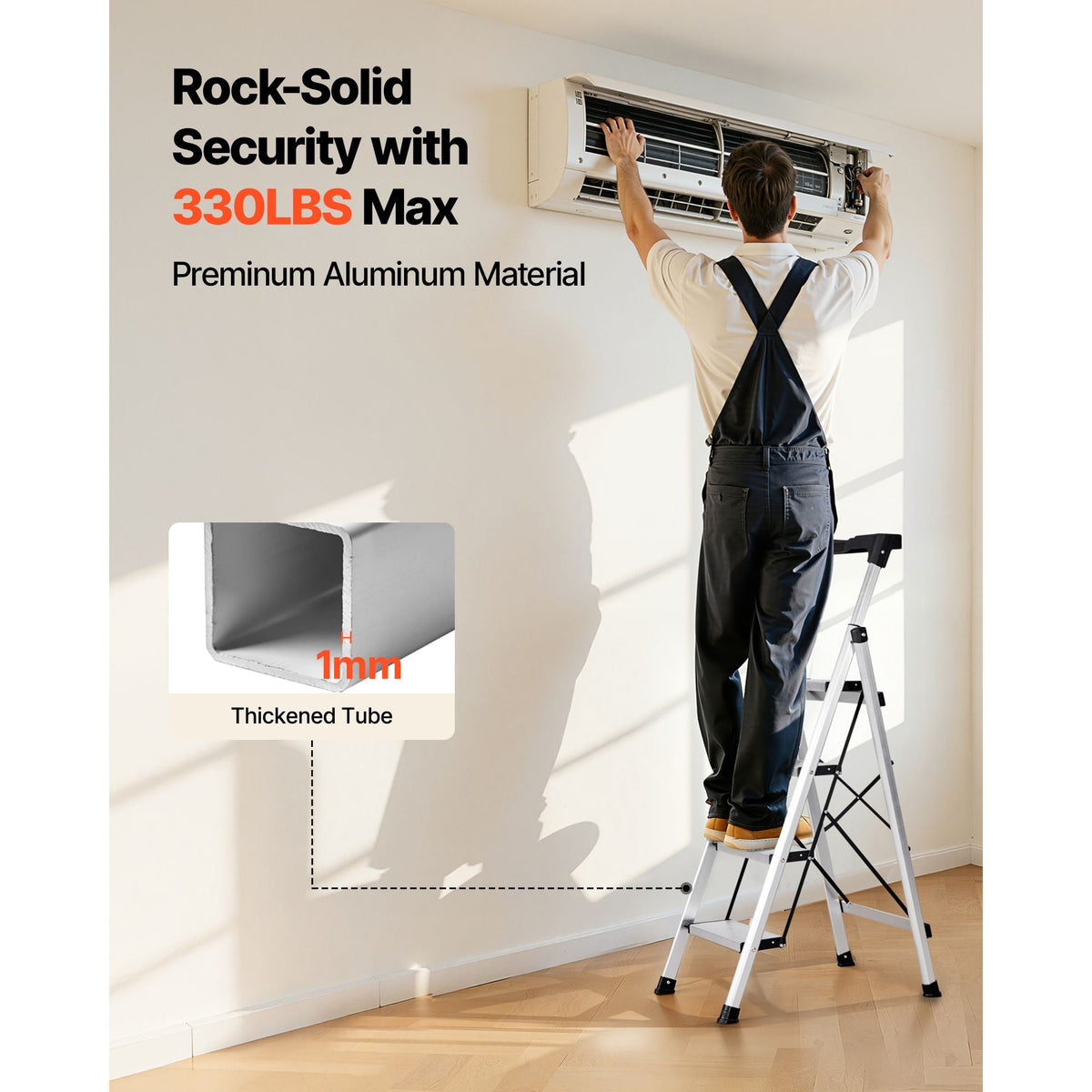 4 Step Ladder, Folding Step Stool with Wide Anti-Slip Pedal and Comfort Handgrip, 330 lbs Capacity Portable Aluminum Stepladder, Multi-Use for Kitchen, Home, Warehouse and Office, Silver