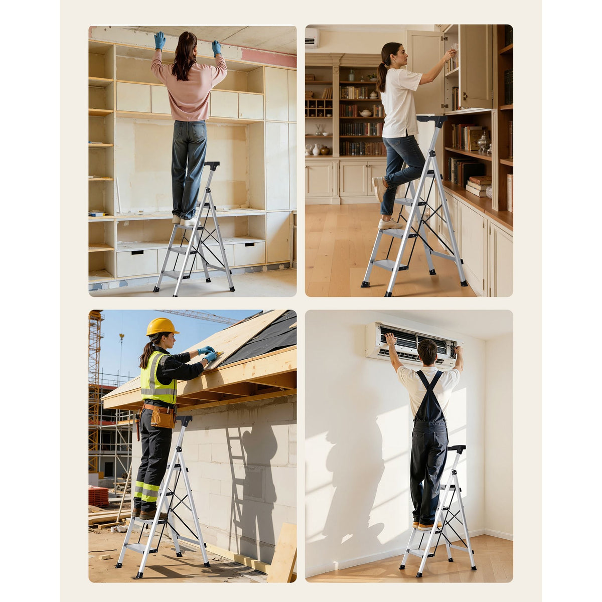 4 Step Ladder, Folding Step Stool with Wide Anti-Slip Pedal and Comfort Handgrip, 330 lbs Capacity Portable Aluminum Stepladder, Multi-Use for Kitchen, Home, Warehouse and Office, Silver