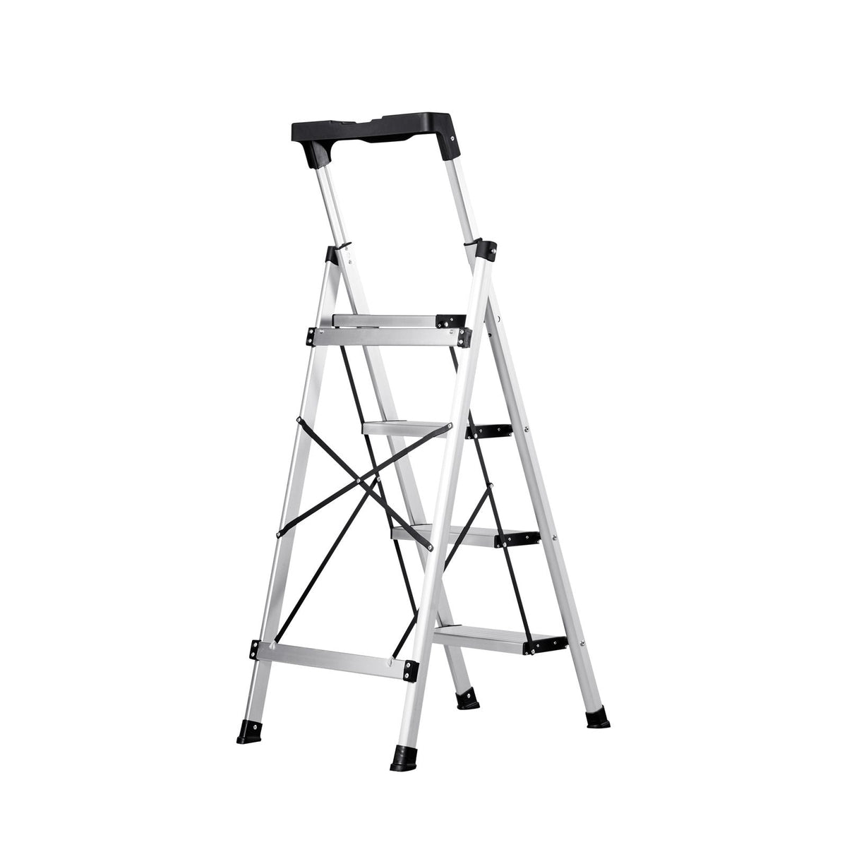 4 Step Ladder, Folding Step Stool with Wide Anti-Slip Pedal and Comfort Handgrip, 330 lbs Capacity Portable Aluminum Stepladder, Multi-Use for Kitchen, Home, Warehouse and Office, Silver
