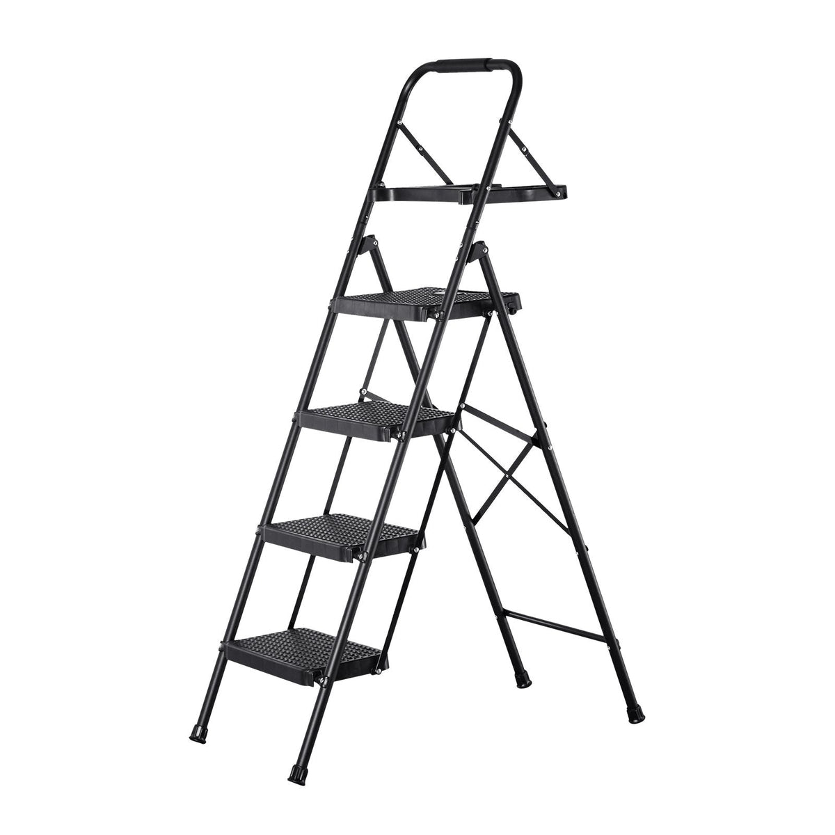 4 Step Ladder, Folding Step Stool with Wide Anti-Slip Pedal, Tool Tray, Comfort Handgrip, 600 lbs Capacity Portable Steel Ladder, Multi-Use for Kitchen, Home, Household and Office, Black