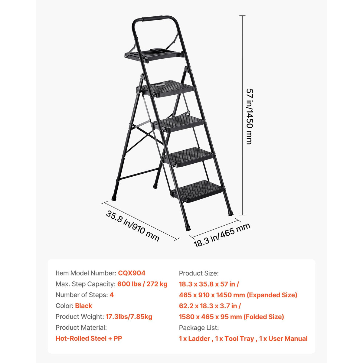 4 Step Ladder, Folding Step Stool with Wide Anti-Slip Pedal, Tool Tray, Comfort Handgrip, 600 lbs Capacity Portable Steel Ladder, Multi-Use for Kitchen, Home, Household and Office, Black