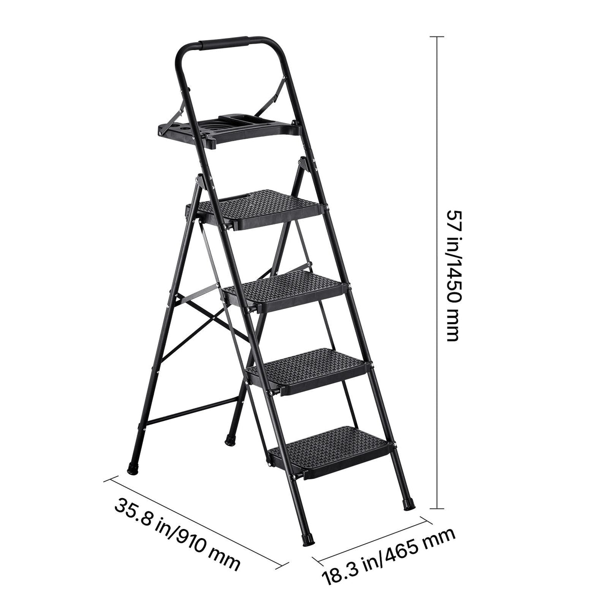 4 Step Ladder, Folding Step Stool with Wide Anti-Slip Pedal, Tool Tray, Comfort Handgrip, 600 lbs Capacity Portable Steel Ladder, Multi-Use for Kitchen, Home, Household and Office, Black