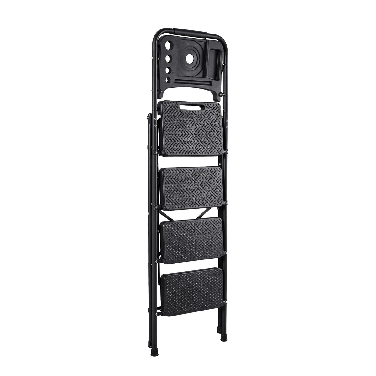 4 Step Ladder, Folding Step Stool with Wide Anti-Slip Pedal, Tool Tray, Comfort Handgrip, 600 lbs Capacity Portable Steel Ladder, Multi-Use for Kitchen, Home, Household and Office, Black