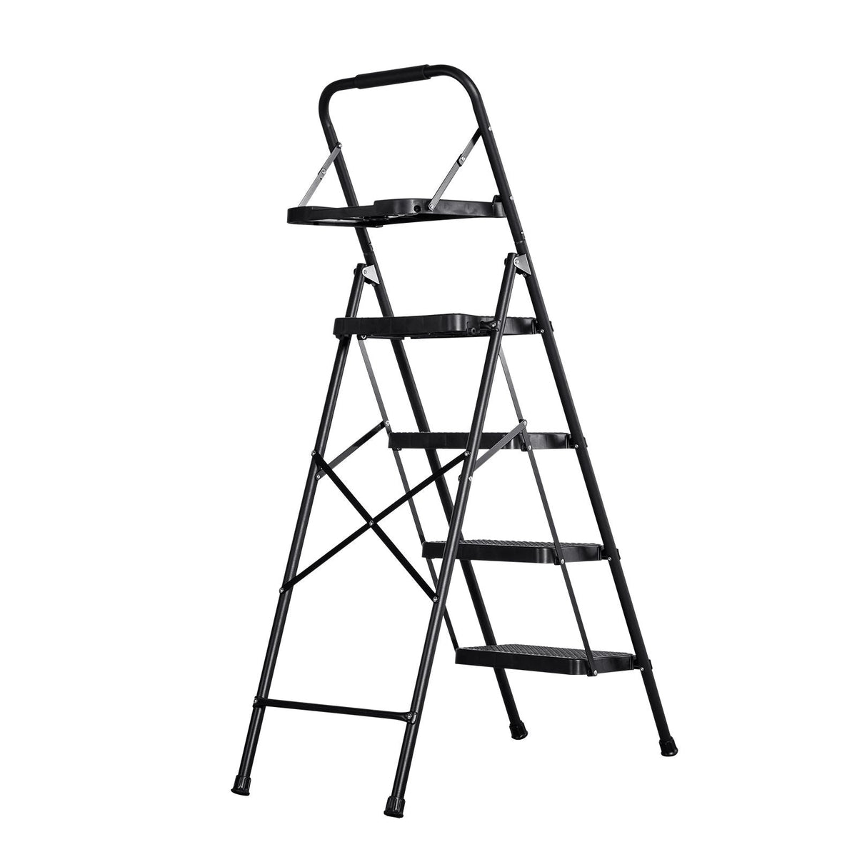 4 Step Ladder, Folding Step Stool with Wide Anti-Slip Pedal, Tool Tray, Comfort Handgrip, 600 lbs Capacity Portable Steel Ladder, Multi-Use for Kitchen, Home, Household and Office, Black