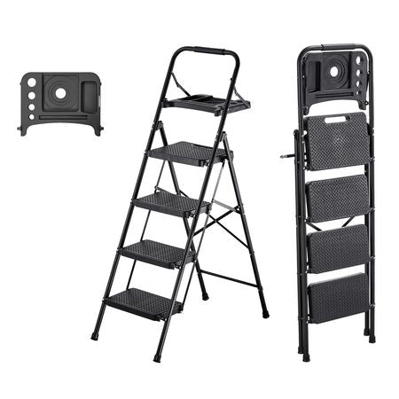 4 Step Ladder, Folding Step Stool with Wide Anti-Slip Pedal, Tool Tray, Comfort Handgrip, 600 lbs Capacity Portable Steel Ladder, Multi-Use for Kitchen, Home, Household and Office, Black