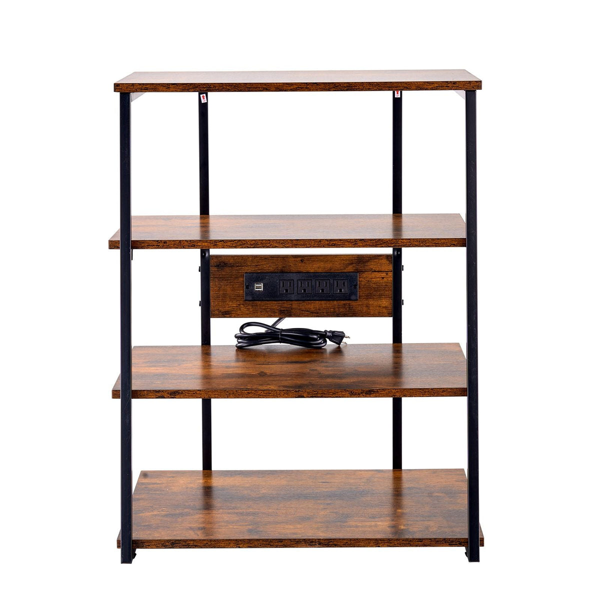 4-Tier AV Media Stand with Power Strips, Corner TV Stand with LED Lights, Height Adjustable Wooden Shelves for DVD Players/Cable Boxes/Games Consoles, Brown
