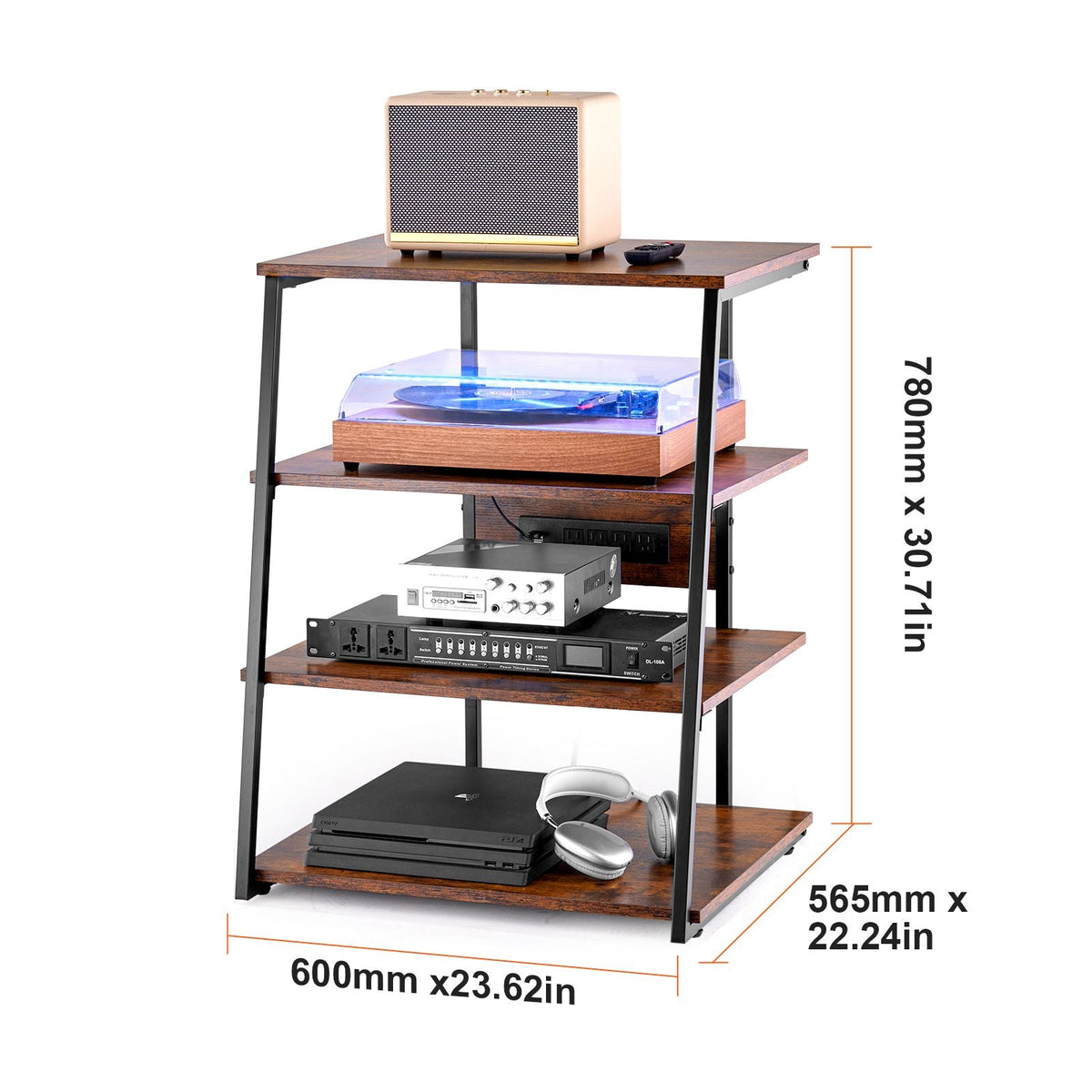 4-Tier AV Media Stand with Power Strips, Corner TV Stand with LED Lights, Height Adjustable Wooden Shelves for DVD Players/Cable Boxes/Games Consoles, Brown