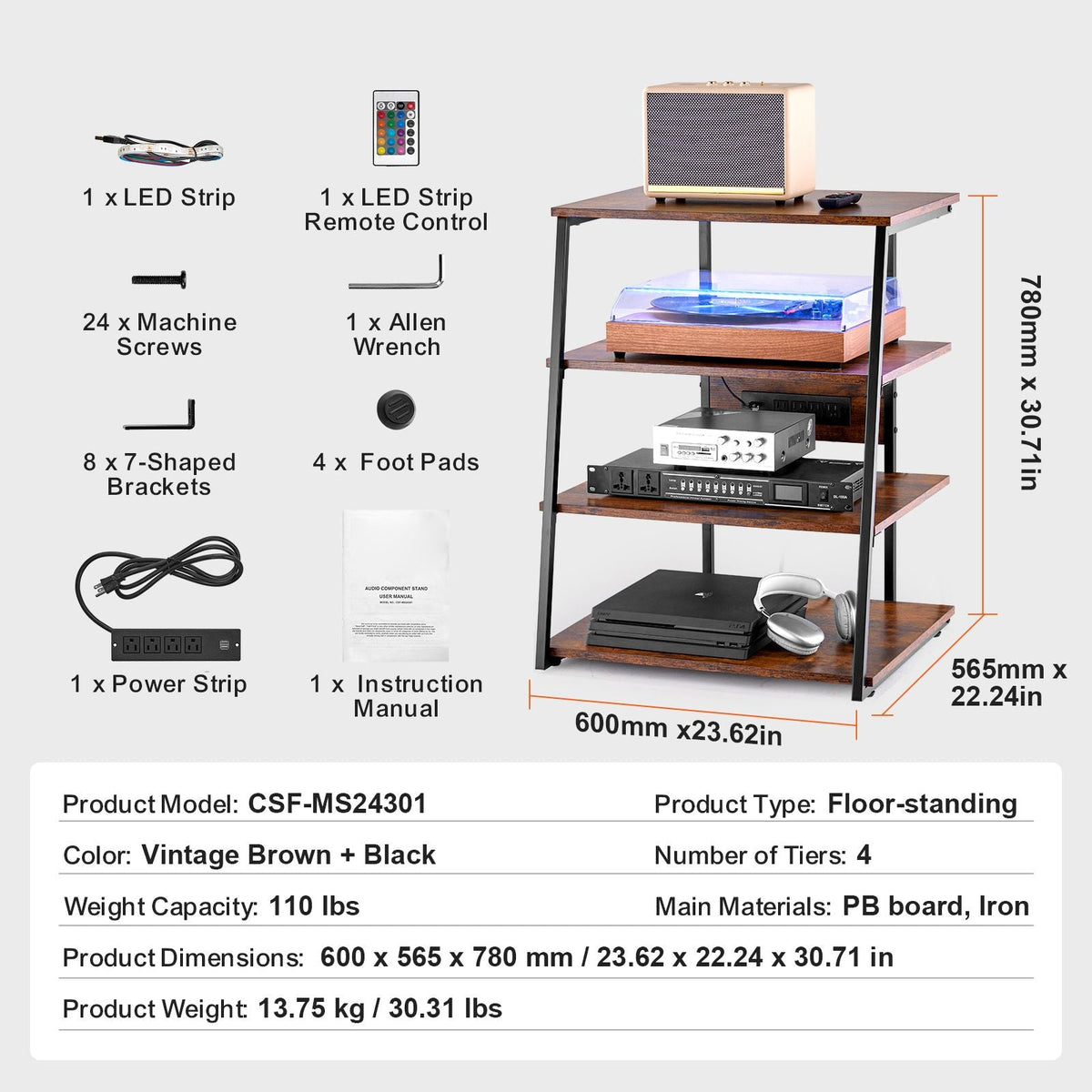 4-Tier AV Media Stand with Power Strips, Corner TV Stand with LED Lights, Height Adjustable Wooden Shelves for DVD Players/Cable Boxes/Games Consoles, Brown