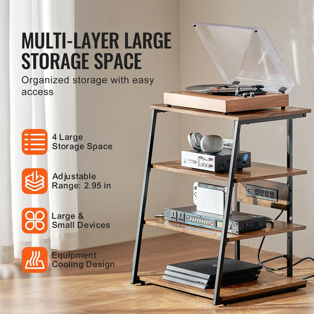 4-Tier AV Media Stand with Power Strips, Corner TV Stand with LED Lights, Height Adjustable Wooden Shelves for DVD Players/Cable Boxes/Games Consoles, Brown