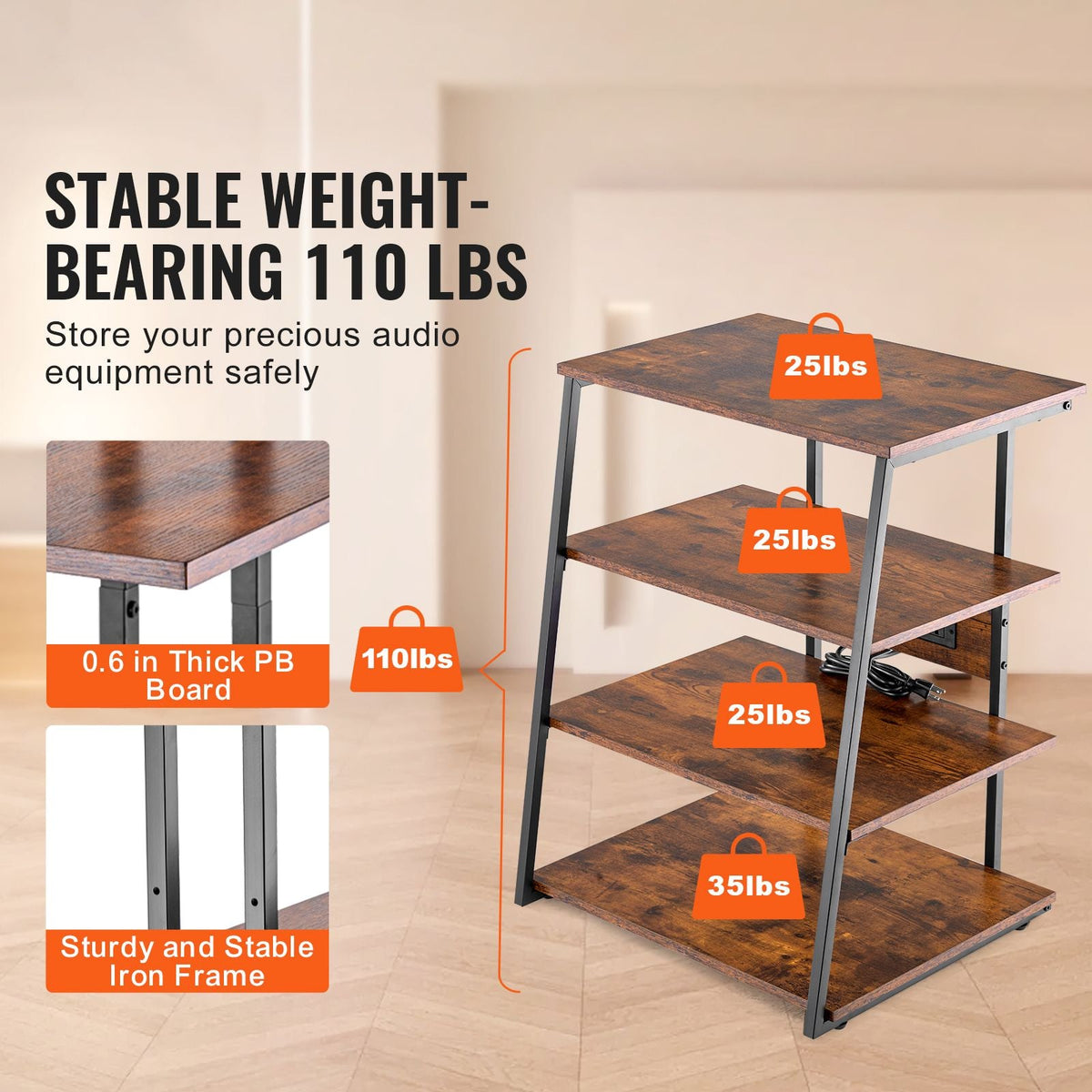 4-Tier AV Media Stand with Power Strips, Corner TV Stand with LED Lights, Height Adjustable Wooden Shelves for DVD Players/Cable Boxes/Games Consoles, Brown