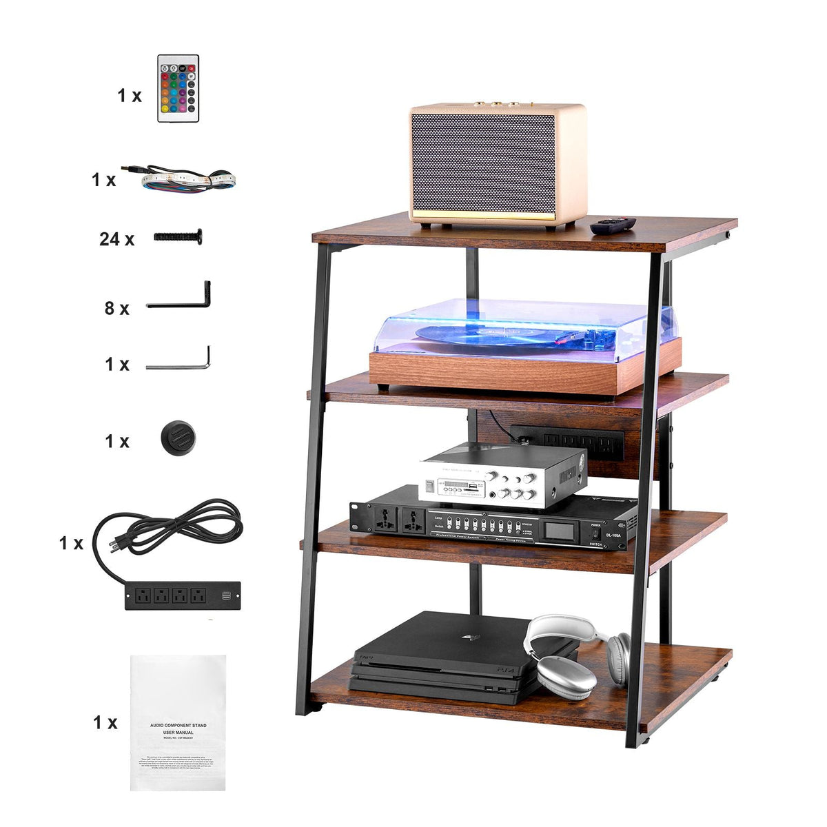 4-Tier AV Media Stand with Power Strips, Corner TV Stand with LED Lights, Height Adjustable Wooden Shelves for DVD Players/Cable Boxes/Games Consoles, Brown