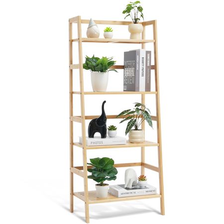 4-Tier Bamboo Ladder Shelf, Trapezoid Open Bookcase, Display Storage Rack Organizer, Freestanding Flower Plant Stand, Ladder Bookshelf Ideal for Bathroom, Bedroom, Office, Study, Natural