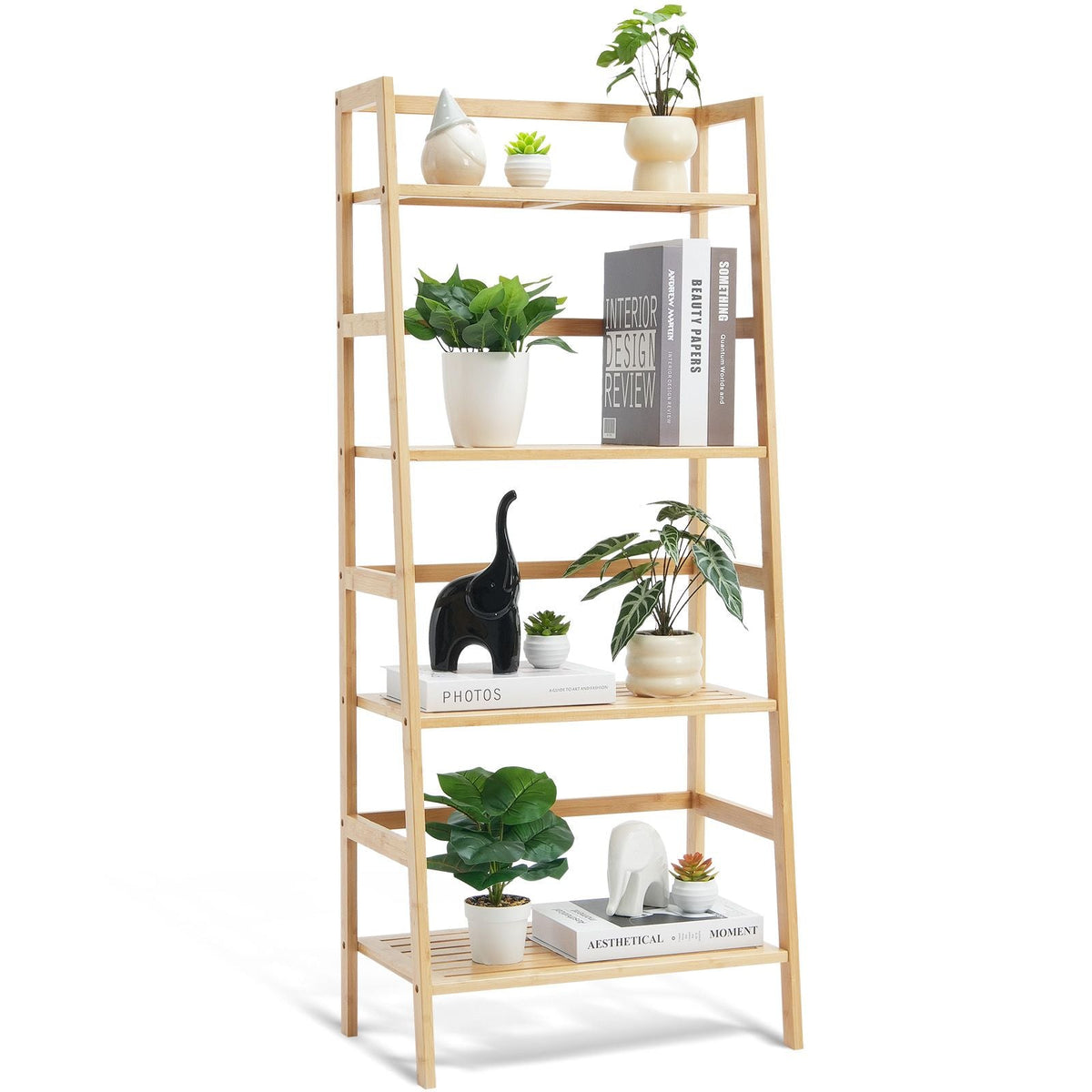 4-Tier Bamboo Ladder Shelf, Trapezoid Open Bookcase, Display Storage Rack Organizer, Freestanding Flower Plant Stand, Ladder Bookshelf Ideal for Bathroom, Bedroom, Office, Study, Natural