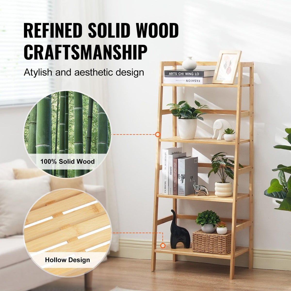 4-Tier Bamboo Ladder Shelf, Trapezoid Open Bookcase, Display Storage Rack Organizer, Freestanding Flower Plant Stand, Ladder Bookshelf Ideal for Bathroom, Bedroom, Office, Study, Natural