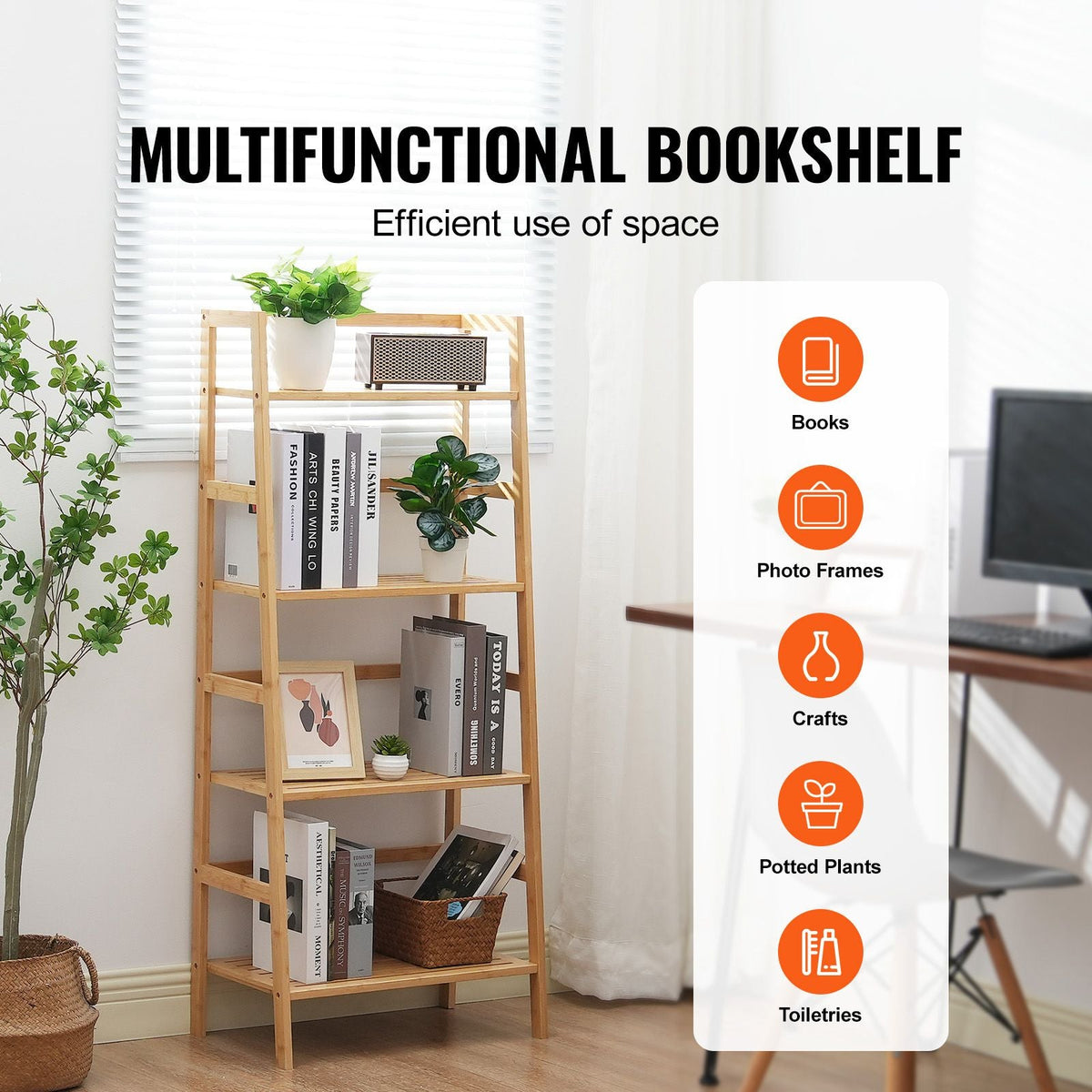 4-Tier Bamboo Ladder Shelf, Trapezoid Open Bookcase, Display Storage Rack Organizer, Freestanding Flower Plant Stand, Ladder Bookshelf Ideal for Bathroom, Bedroom, Office, Study, Natural
